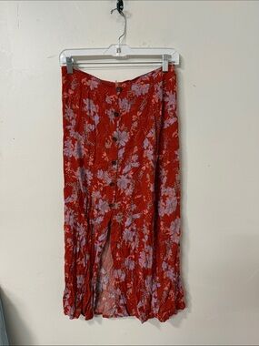 Red Floral Button-Front Midi Skirt